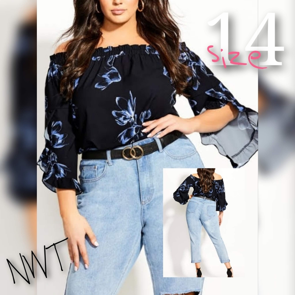 Off shoulder ruffle sleeve black top blue flowers